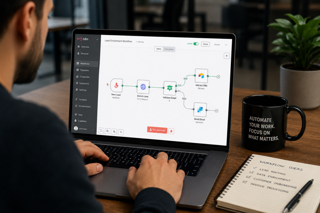 Workflow automation dashboard on laptop in modern workspace