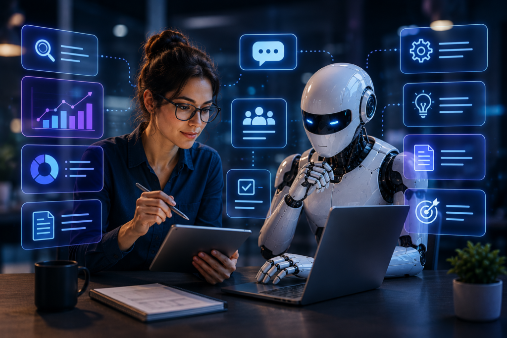 AI employee and human collaborating in a futuristic digital workspace with automation and analytics interfaces.