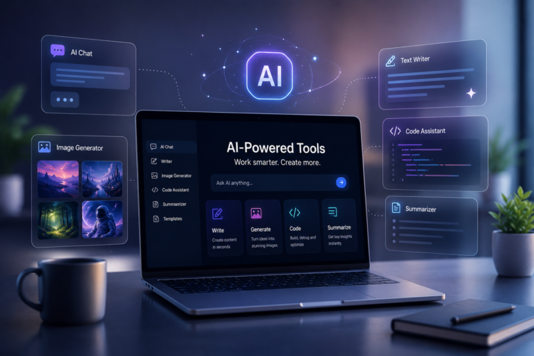 AI-powered productivity tools displayed on a modern laptop in a futuristic workspace.