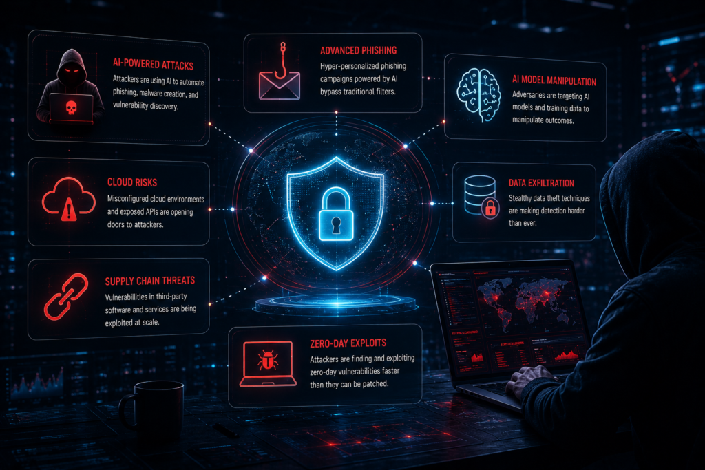 Futuristic cybersecurity dashboard showing AI-powered threats, phishing attacks, and digital vulnerabilities.