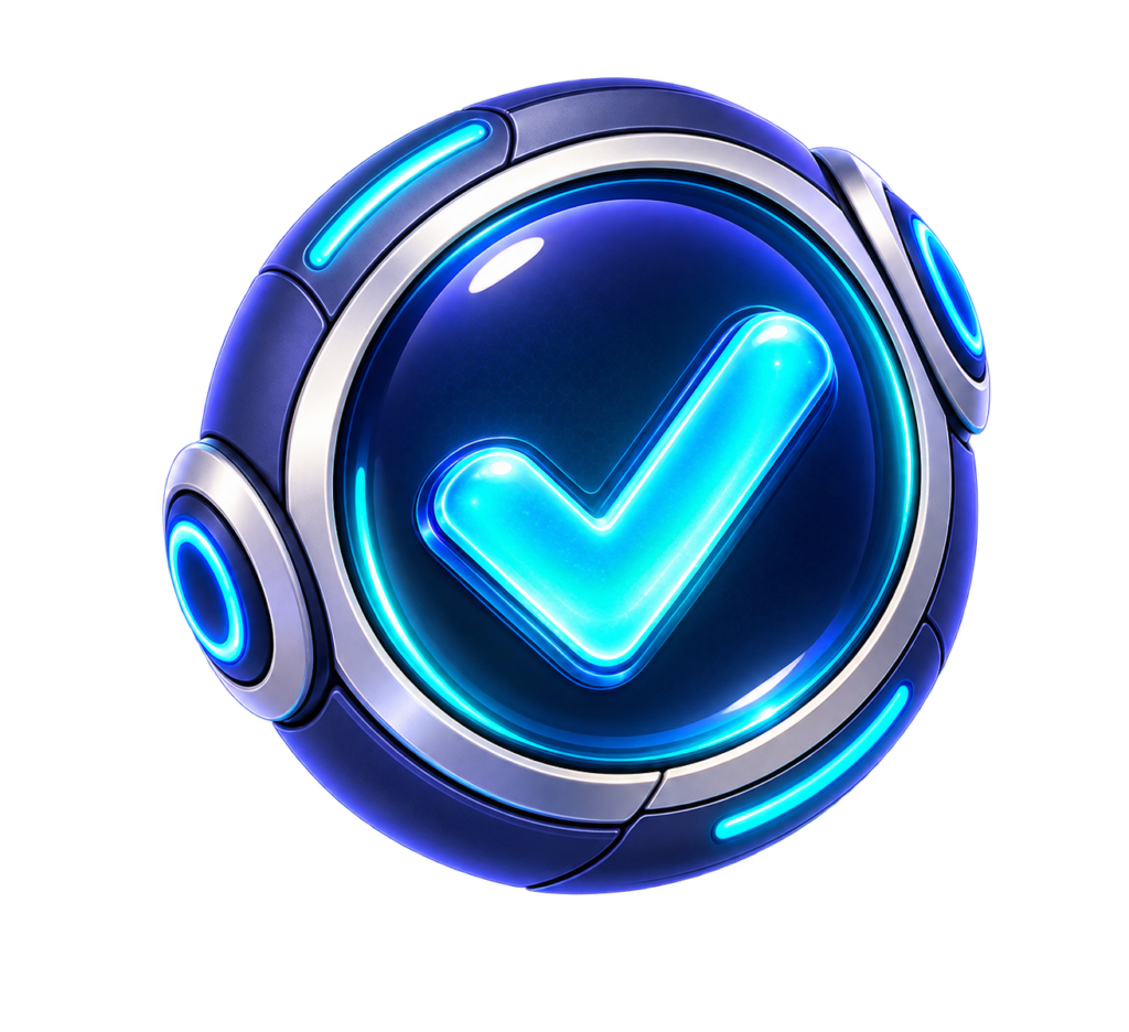 Glowing blue checkmark inside a futuristic circular chrome interface indicating success or completion.