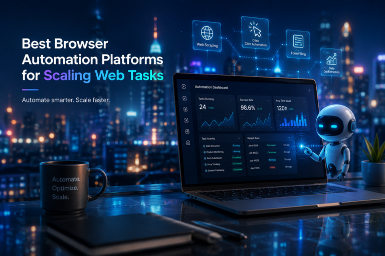 Banner showing a laptop dashboard on a neon city background with a small robot and the headline about browser automation platforms for scaling web tasks, on a blue-toned promo image.