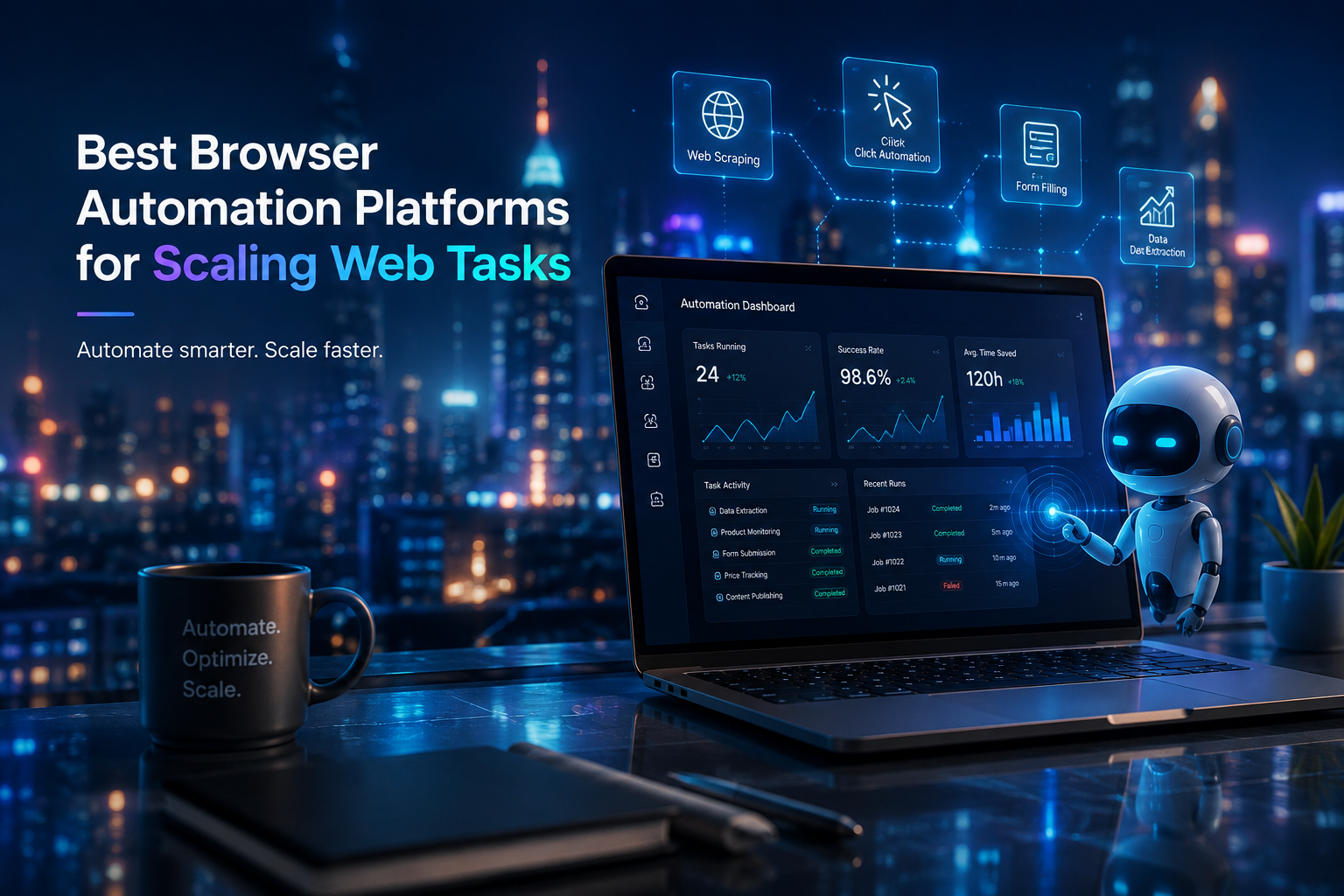 Banner showing a laptop dashboard on a neon city background with a small robot and the headline about browser automation platforms for scaling web tasks, on a blue-toned promo image.