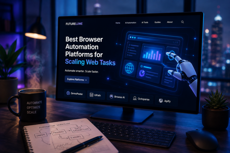 Monitor showing a sci‑tech hero: 'Best Browser Automation Platforms for Scaling Web Tasks' with a robotic hand UI.