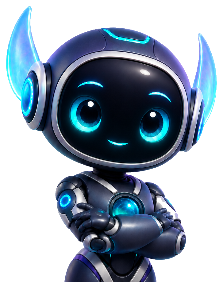 Friendly robot mascot with glowing blue accents, arms crossed and a confident smile, looking approachable for tech support or AI assistant branding.