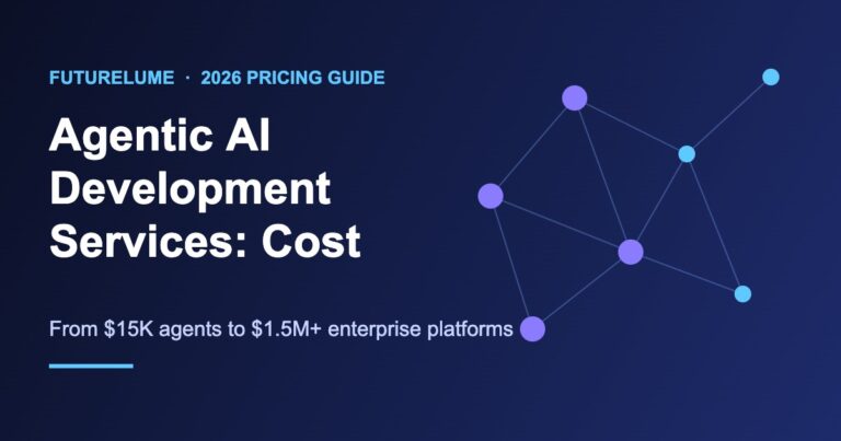 Agentic AI development services cost guide 2026 cover with AI agent network graphic